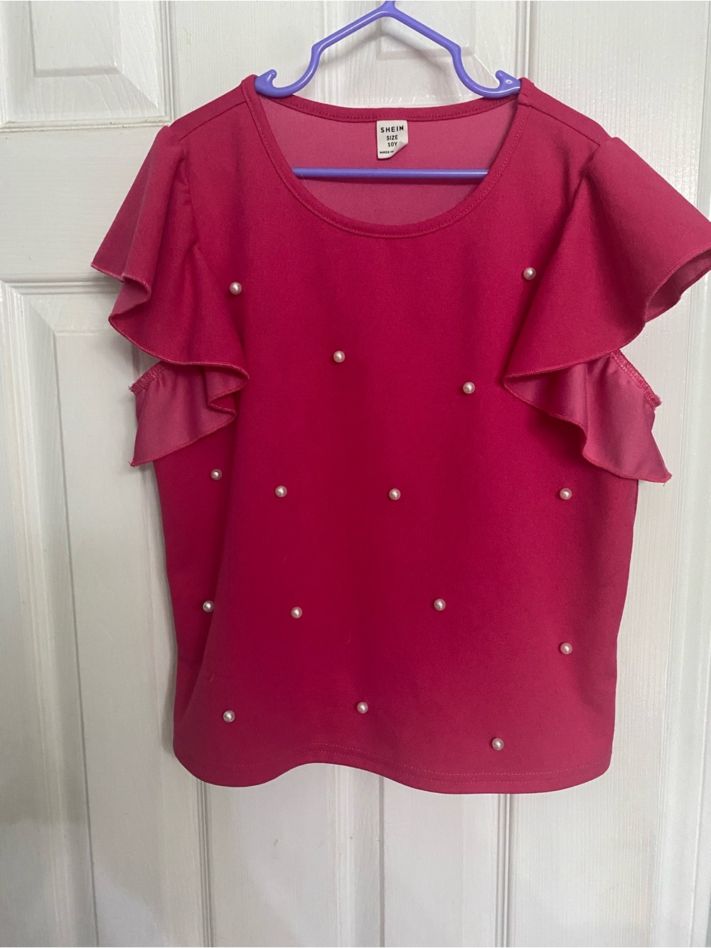 SHEIN Fuchsia Pearl-Accent Ruffle Sleeve Blouse